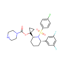 O=C(OC1([C@@H]2CCC[C@@H](c3cc(F)cc(F)c3)N2S(=O)(=O)c2ccc(Cl)cc2)CC1)N1CCNCC1 ZINC000028879362