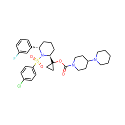 O=C(OC1([C@@H]2CCC[C@@H](c3cccc(F)c3)N2S(=O)(=O)c2ccc(Cl)cc2)CC1)N1CCC(N2CCCCC2)CC1 ZINC000028879268