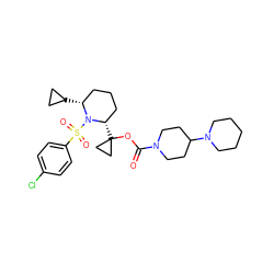 O=C(OC1([C@H]2CCC[C@@H](C3CC3)N2S(=O)(=O)c2ccc(Cl)cc2)CC1)N1CCC(N2CCCCC2)CC1 ZINC000028827223