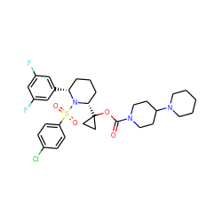 O=C(OC1([C@H]2CCC[C@@H](c3cc(F)cc(F)c3)N2S(=O)(=O)c2ccc(Cl)cc2)CC1)N1CCC(N2CCCCC2)CC1 ZINC000028827222