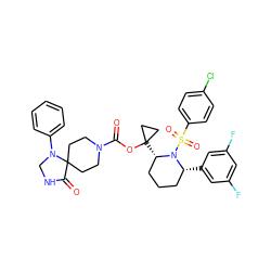 O=C(OC1([C@H]2CCC[C@@H](c3cc(F)cc(F)c3)N2S(=O)(=O)c2ccc(Cl)cc2)CC1)N1CCC2(CC1)C(=O)NCN2c1ccccc1 ZINC000028879420