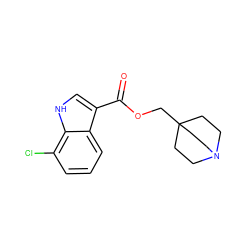 O=C(OCC12CCN(CC1)CC2)c1c[nH]c2c(Cl)cccc12 ZINC001772629568