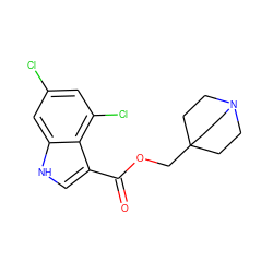 O=C(OCC12CCN(CC1)CC2)c1c[nH]c2cc(Cl)cc(Cl)c12 ZINC001772618867