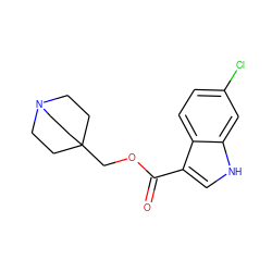 O=C(OCC12CCN(CC1)CC2)c1c[nH]c2cc(Cl)ccc12 ZINC001772581450