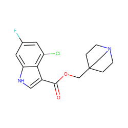 O=C(OCC12CCN(CC1)CC2)c1c[nH]c2cc(F)cc(Cl)c12 ZINC001772651904