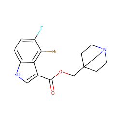 O=C(OCC12CCN(CC1)CC2)c1c[nH]c2ccc(F)c(Br)c12 ZINC001772587348