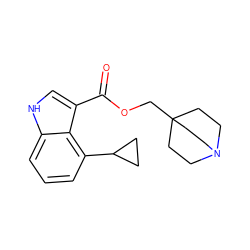 O=C(OCC12CCN(CC1)CC2)c1c[nH]c2cccc(C3CC3)c12 ZINC001772642430