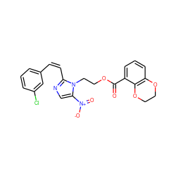 O=C(OCCn1c([N+](=O)[O-])cnc1/C=C\c1cccc(Cl)c1)c1cccc2c1OCCO2 ZINC000169337248