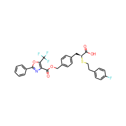 O=C(OCc1ccc(C[C@H](SCCc2ccc(F)cc2)C(=O)O)cc1)c1nc(-c2ccccc2)oc1C(F)(F)F ZINC000043198083