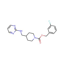 O=C(OCc1cccc(F)c1)N1CCC(CNc2ncccn2)CC1 ZINC000035259152