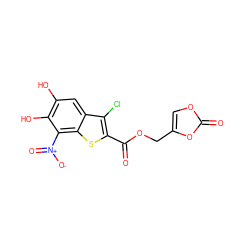 O=C(OCc1coc(=O)o1)c1sc2c([N+](=O)[O-])c(O)c(O)cc2c1Cl ZINC000049073043