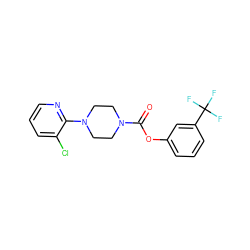 O=C(Oc1cccc(C(F)(F)F)c1)N1CCN(c2ncccc2Cl)CC1 ZINC000049033287