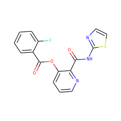 O=C(Oc1cccnc1C(=O)Nc1nccs1)c1ccccc1F ZINC000013521934