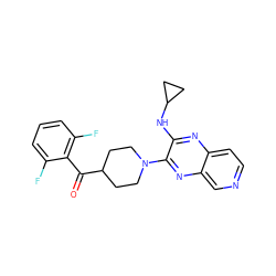 O=C(c1c(F)cccc1F)C1CCN(c2nc3cnccc3nc2NC2CC2)CC1 ZINC000144514812