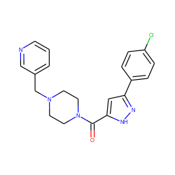 O=C(c1cc(-c2ccc(Cl)cc2)n[nH]1)N1CCN(Cc2cccnc2)CC1 ZINC000054724507