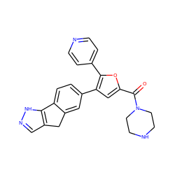 O=C(c1cc(-c2ccc3c(c2)Cc2cn[nH]c2-3)c(-c2ccncc2)o1)N1CCNCC1 ZINC000064510483