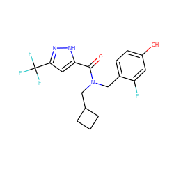 O=C(c1cc(C(F)(F)F)n[nH]1)N(Cc1ccc(O)cc1F)CC1CCC1 ZINC000103232635