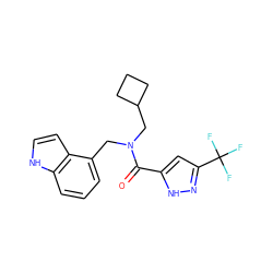 O=C(c1cc(C(F)(F)F)n[nH]1)N(Cc1cccc2[nH]ccc12)CC1CCC1 ZINC000103232639