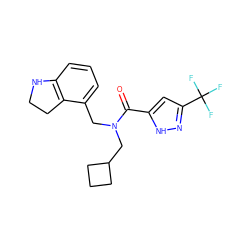 O=C(c1cc(C(F)(F)F)n[nH]1)N(Cc1cccc2c1CCN2)CC1CCC1 ZINC000103232642