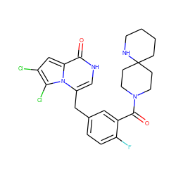 O=C(c1cc(Cc2c[nH]c(=O)c3cc(Cl)c(Cl)n23)ccc1F)N1CCC2(CCCCN2)CC1 ZINC000045370672