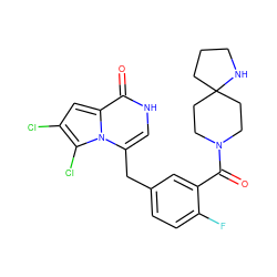 O=C(c1cc(Cc2c[nH]c(=O)c3cc(Cl)c(Cl)n23)ccc1F)N1CCC2(CCCN2)CC1 ZINC000045385497