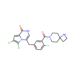 O=C(c1cc(Cc2c[nH]c(=O)c3cc(Cl)c(Cl)n23)ccc1F)N1CCC2(CCN2)CC1 ZINC000045338913