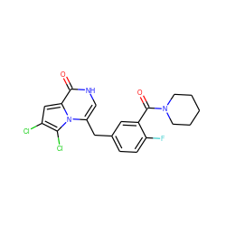 O=C(c1cc(Cc2c[nH]c(=O)c3cc(Cl)c(Cl)n23)ccc1F)N1CCCCC1 ZINC000045336897