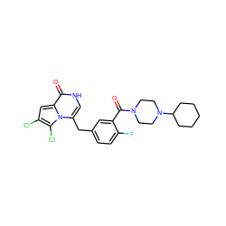 O=C(c1cc(Cc2c[nH]c(=O)c3cc(Cl)c(Cl)n23)ccc1F)N1CCN(C2CCCCC2)CC1 ZINC000045338939