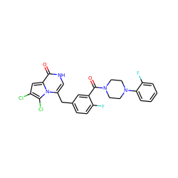 O=C(c1cc(Cc2c[nH]c(=O)c3cc(Cl)c(Cl)n23)ccc1F)N1CCN(c2ccccc2F)CC1 ZINC000045351262