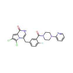 O=C(c1cc(Cc2c[nH]c(=O)c3cc(Cl)c(Cl)n23)ccc1F)N1CCN(c2ccccn2)CC1 ZINC000045390908