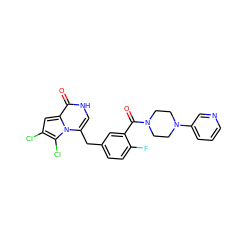 O=C(c1cc(Cc2c[nH]c(=O)c3cc(Cl)c(Cl)n23)ccc1F)N1CCN(c2cccnc2)CC1 ZINC000045386348