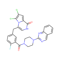 O=C(c1cc(Cc2c[nH]c(=O)c3cc(Cl)c(Cl)n23)ccc1F)N1CCN(c2ncc3ccccc3n2)CC1 ZINC000049766553