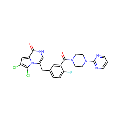 O=C(c1cc(Cc2c[nH]c(=O)c3cc(Cl)c(Cl)n23)ccc1F)N1CCN(c2ncccn2)CC1 ZINC000045335623