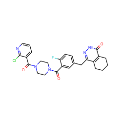 O=C(c1cc(Cc2n[nH]c(=O)c3c2CCCC3)ccc1F)N1CCN(C(=O)c2cccnc2Cl)CC1 ZINC000146977818