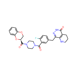 O=C(c1cc(Cc2n[nH]c(=O)c3c2NCCC3)ccc1F)N1CCN(C(=O)[C@@H]2COc3ccccc3O2)CC1 ZINC000147452569