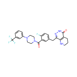 O=C(c1cc(Cc2n[nH]c(=O)c3c2NCCC3)ccc1F)N1CCN(c2cccc(C(F)(F)F)c2)CC1 ZINC000149287397