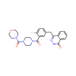 O=C(c1cc(Cc2n[nH]c(=O)c3ccccc23)ccc1F)N1CCN(C(=O)N2CCOCC2)CC1 ZINC000040972315