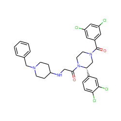 O=C(c1cc(Cl)cc(Cl)c1)N1CCN(C(=O)CNC2CCN(Cc3ccccc3)CC2)[C@@H](c2ccc(Cl)c(Cl)c2)C1 ZINC000026942333