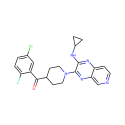 O=C(c1cc(Cl)ccc1F)C1CCN(c2nc3cnccc3nc2NC2CC2)CC1 ZINC000144342302