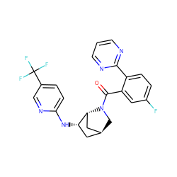 O=C(c1cc(F)ccc1-c1ncccn1)N1C[C@H]2C[C@H](Nc3ccc(C(F)(F)F)cn3)[C@H]1C2 ZINC000261084934