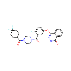 O=C(c1cc(Oc2n[nH]c(=O)c3ccccc23)ccc1F)N1CCN(C(=O)C2CCC(F)(F)CC2)CC1 ZINC001772612384