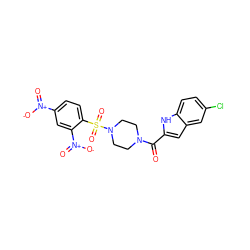 O=C(c1cc2cc(Cl)ccc2[nH]1)N1CCN(S(=O)(=O)c2ccc([N+](=O)[O-])cc2[N+](=O)[O-])CC1 ZINC000013864317