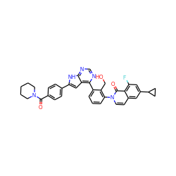 O=C(c1ccc(-c2cc3c(-c4cccc(-n5ccc6cc(C7CC7)cc(F)c6c5=O)c4CO)ncnc3[nH]2)cc1)N1CCCCC1 ZINC000299859222