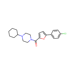 O=C(c1ccc(-c2ccc(Cl)cc2)o1)N1CCN(C2CCCCC2)CC1 ZINC000043152618