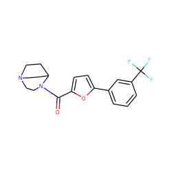 O=C(c1ccc(-c2cccc(C(F)(F)F)c2)o1)N1CCN2CCC1CC2 ZINC000003987057