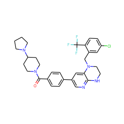 O=C(c1ccc(-c2cnc3c(c2)N(Cc2cc(Cl)ccc2C(F)(F)F)CCN3)cc1)N1CCC(N2CCCC2)CC1 ZINC000043176701