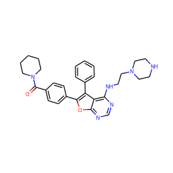 O=C(c1ccc(-c2oc3ncnc(NCCN4CCNCC4)c3c2-c2ccccc2)cc1)N1CCCCC1 ZINC000028879288