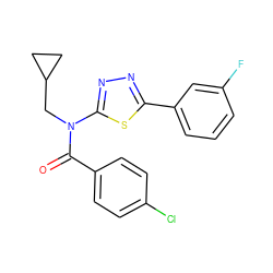 O=C(c1ccc(Cl)cc1)N(CC1CC1)c1nnc(-c2cccc(F)c2)s1 ZINC000084604398