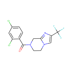 O=C(c1ccc(Cl)cc1Cl)N1CCn2cc(C(F)(F)F)nc2C1 ZINC000095553455