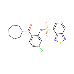 O=C(c1ccc(Cl)cc1NS(=O)(=O)c1cccc2nsnc12)N1CCCCCC1 ZINC000040575866